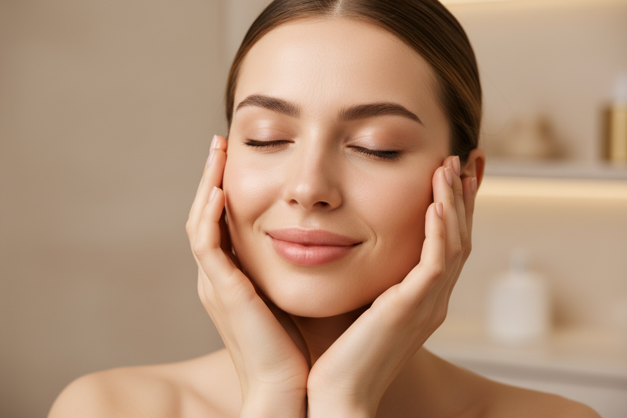 CARA POSANDO REALISTA EN ALTA DEFINICION DE UNA MUJER PASANDOSE LAS MANOS POR LA CARA DE SU ESTETICA REALIZADA 